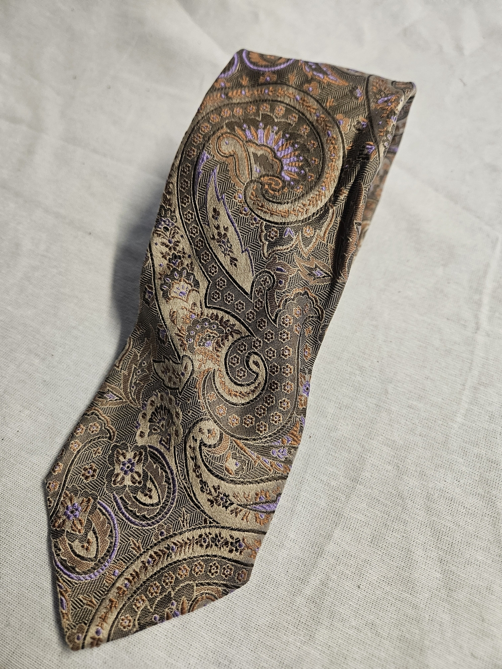 Paul Fredrick Brown Paisley Silk Tie with Purple Highlights